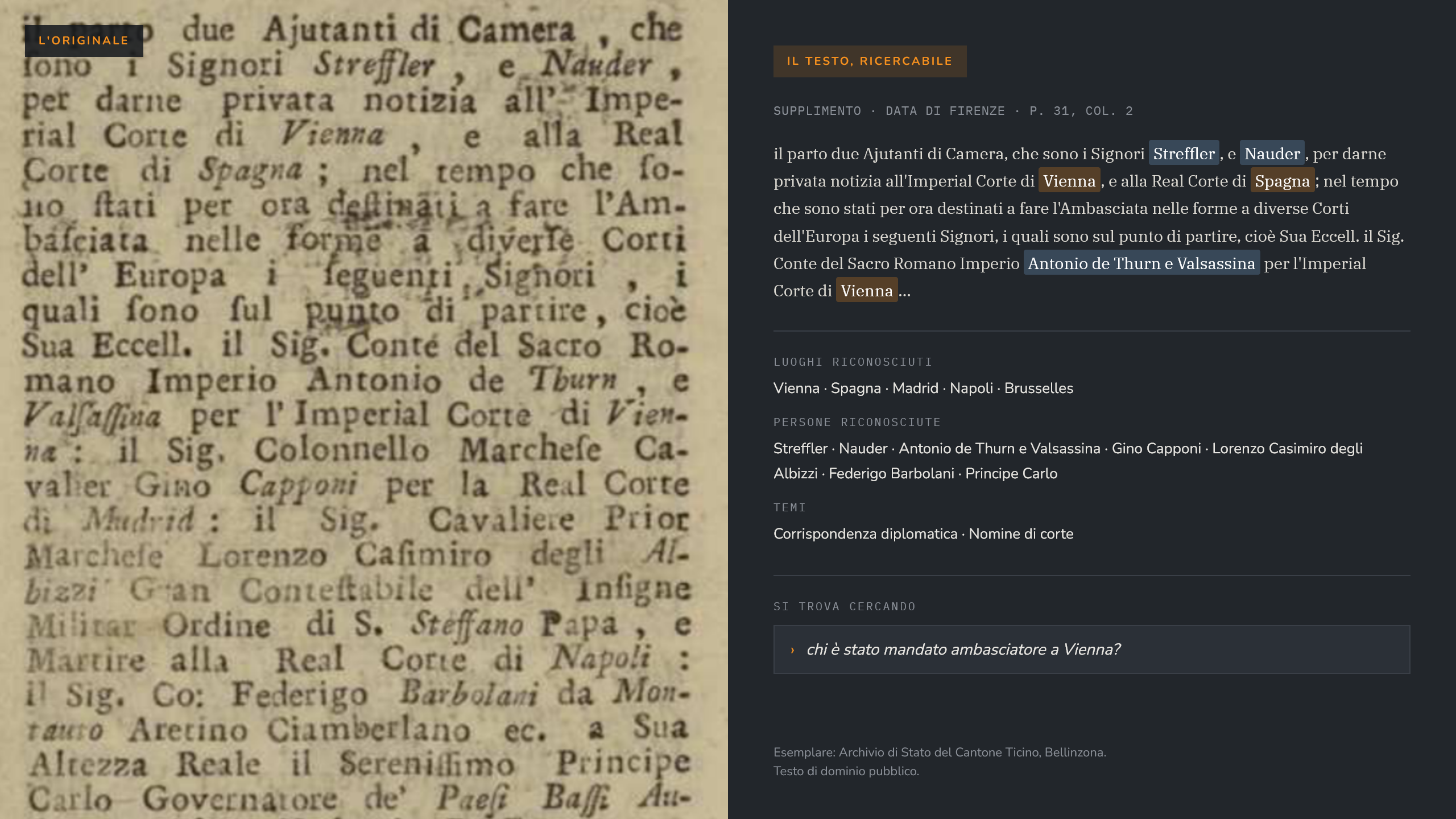 Pagina originale della Gazzetta di Lugano accanto alla sua trascrizione